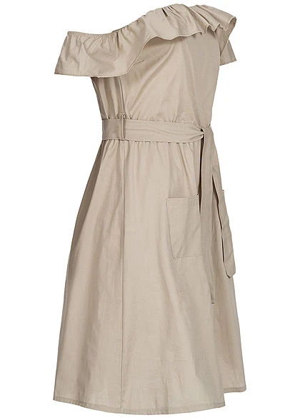 Styleboom Fashion Damen Off-Shoulder Button Dress Beige 4 Styleboom Fashion Damen Off-Shoulder Button Dress Beige – Bild 2