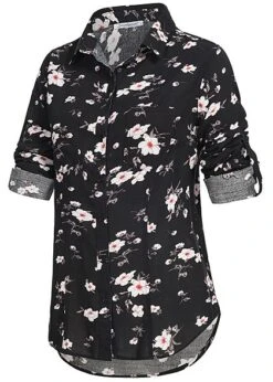 Seventyseven Lifestyle Damen Turn-Up Bluse Blumen Print 2 Brusttaschen Schwarz Weiss -ModeWelt Verkäufe 19039008 2