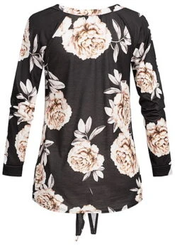 Styleboom Fashion Damen V-Neck Longshirt Flower Print Tie Knot Schwarz -ModeWelt Verkäufe 19056420 1
