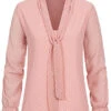 Styleboom Fashion Damen V-Neck Chiffon Bluse Schleife Punkte Muster Old Rosa -ModeWelt Verkäufe 19126051