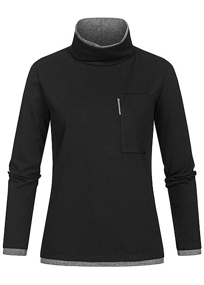 Styleboom Fashion Damen Rollkragen Longsleeve 2in1 Optik Brusttasche Schwarz Grau 3 Styleboom Fashion Damen Rollkragen Longsleeve 2in1 Optik Brusttasche Schwarz Grau