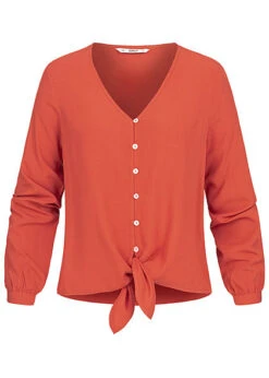 ONLY Damen V-Neck Bluse Schnürdetail Am Abschluss Knopfleiste Hot Sauce Braun