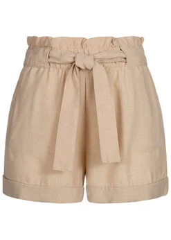 ONLY Damen Paperbag Shorts Inkl. Bindegürtel High Waist 2-Pockets Humus Beige