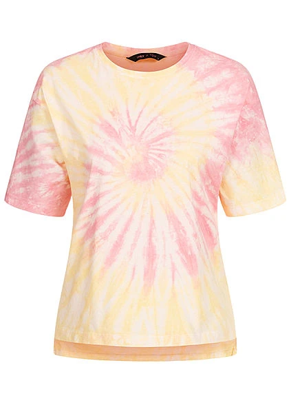 ONLY Damen T-Shirt Vokuhila Batik Print Lemon Gelb Lotus Rose 3 ONLY Damen T-Shirt Vokuhila Batik Print Lemon Gelb Lotus Rose