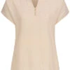 Tom Tailor Damen V-Neck Blusen Shirt Materialmix Knopfleiste Soft Vanilla Beige