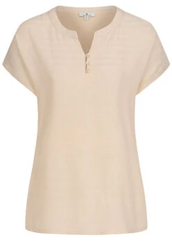 Tom Tailor Damen V-Neck Blusen Shirt Materialmix Knopfleiste Soft Vanilla Beige