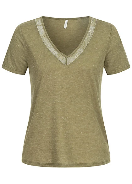 ONLY Damen V-Neck Melange Lurex T-Shirt Mit Spitze & Deko Perlen Martini Oliv Grün 3 ONLY Damen V-Neck Melange Lurex T-Shirt Mit Spitze & Deko Perlen Martini Oliv Grün