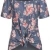 Fresh Lemons Damen Off Shoulder Shirt Knopfleiste Blumen Muster Blau Rosa