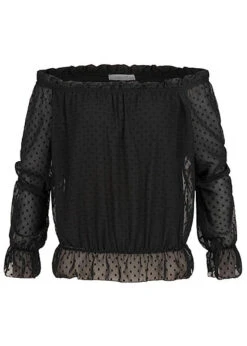Hailys Damen Off-Shoulder Mesh Chiffon Shirt Punkte Muster 2-lagig Schwarz