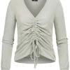 Styleboom Fashion Damen V-Neck Soft Touch Pullover Schnürung Vorne Jade Grün