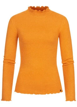 Tom Tailor Damen High-Neck Longsleeve Mit Frill Details Am Saum Orange Gelb