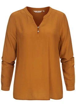 Tom Tailor Damen Basic V-Neck Langarm Bluse Vokuhila Knopf Manschetten Tawny Braun