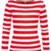ONLY Damen Ribbed Frill Longsleeve Pullover Streifen Muster High Risk Rot Weiss