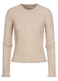 ONLY Damen Ribbed Frill Longsleeve Pumice Stone Beige