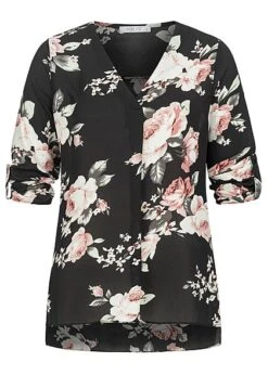 Hailys Damen 3/4 Arm Turn-Up V-Neck Krepp Bluse Rosen Print Vokuhila Schwarz Rosa