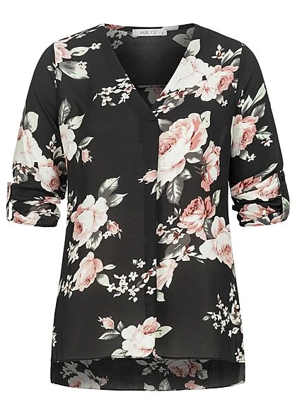 Hailys Damen 3/4 Arm Turn-Up V-Neck Krepp Bluse Rosen Print Vokuhila Schwarz Rosa 3 Hailys Damen 3/4 Arm Turn-Up V-Neck Krepp Bluse Rosen Print Vokuhila Schwarz Rosa