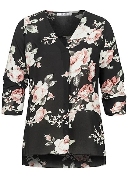 Hailys Damen 3/4 Arm Turn-Up V-Neck Krepp Bluse Rosen Print Vokuhila Schwarz Rosa 4 Hailys Damen 3/4 Arm Turn-Up V-Neck Krepp Bluse Rosen Print Vokuhila Schwarz Rosa – Bild 2