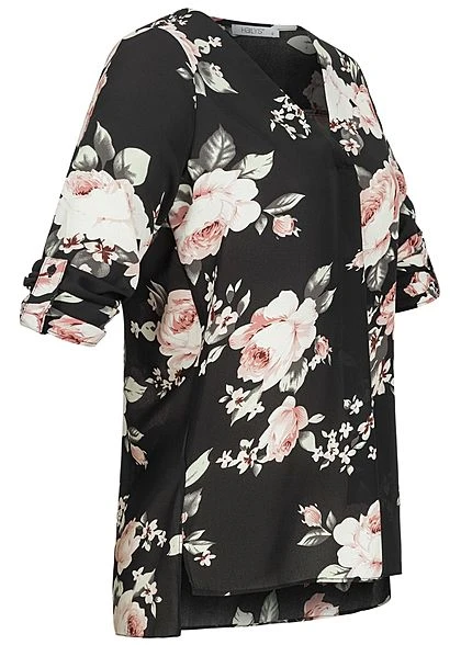 Hailys Damen 3/4 Arm Turn-Up V-Neck Krepp Bluse Rosen Print Vokuhila Schwarz Rosa 5 Hailys Damen 3/4 Arm Turn-Up V-Neck Krepp Bluse Rosen Print Vokuhila Schwarz Rosa – Bild 3