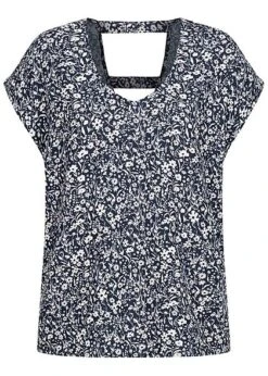 Tom Tailor Damen V-Neck Viskose Blusen Shirt Blumen Muster Navy Blau