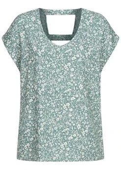 Tom Tailor Damen V-Neck Viskose Blusen Shirt Blumen Muster Mineral Blau