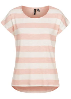 Vero Moda Damen NOOS Viskose Shirt Mit Streifen Muster Vokuhila Sepia Rosa Snow Weiss