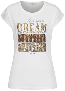 Seventyseven Lifestyle Damen T-Shirt Mit Paillettenfront DREAM Weiss Gold Kupfer