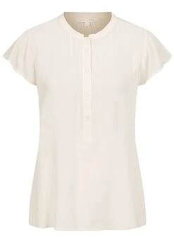 Tom Tailor Damen Krepp Blusen Shirt Volantärmel Halbe Knopfleiste Soft Creme Beige
