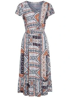 ONLY Damen V-Neck Midi Viskose Kleid Azteken Print Faded Denim Blau