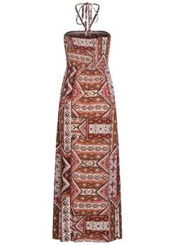 ONLY Damen Viskose Maxi Bandeau Kleid Azteken Print Bindedetail Oben Roasted Rot -ModeWelt Verkäufe 21041984 2
