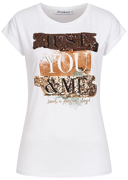 Seventyseven Lifestyle Damen T-Shirt Just You And Me Print Mit Paillettenfront Weiss Gold