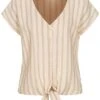 Tom Tailor Damen V-Neck Leinen Blusen Shirt Knopfleiste Streifen Muster Braun Beige -ModeWelt Verkäufe 21052403