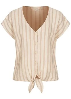 Tom Tailor Damen V-Neck Leinen Blusen Shirt Knopfleiste Streifen Muster Braun Beige
