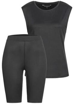 Brave Soul Damen Zweiteiler Set Top Mit Schulterpolster Radler Shorts Schwarz