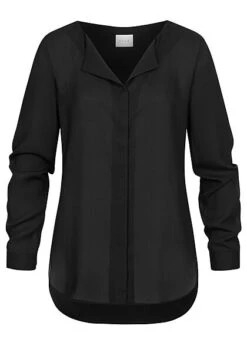VILA Damen NOOS Leichte V-Neck Langarm Bluse Vokuhila Schwarz