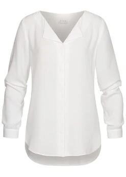 VILA Damen NOOS Leichte V-Neck Langarm Bluse Vokuhila Snow Weiss