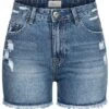 Hailys Damen High-Waist Jeans Shorts 5-Pockets Destroy Look Offener Saum Medium Blau