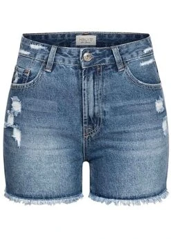 Hailys Damen High-Waist Jeans Shorts 5-Pockets Destroy Look Offener Saum Medium Blau