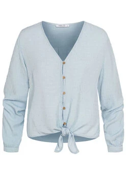 Hailys Damen V-Neck Langarm Blusen Shirt Knopfleiste Bindedetail Vorne Hell Blau