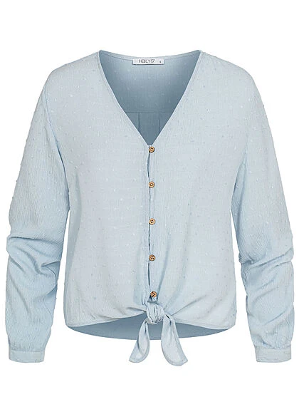Hailys Damen V-Neck Langarm Blusen Shirt Knopfleiste Bindedetail Vorne Hell Blau 3 Hailys Damen V-Neck Langarm Blusen Shirt Knopfleiste Bindedetail Vorne Hell Blau
