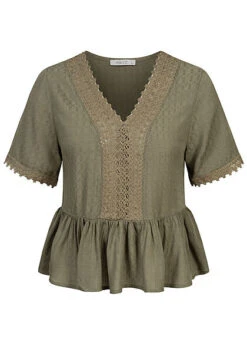 Hailys Damen V-Neck Blusen Shirt Spitzendetails Khaki Grün