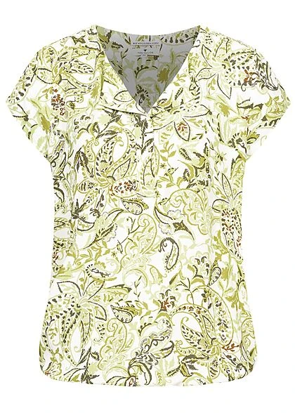 Tom Tailor Damen V-Neck Kurzarm Puffer Bluse Paisley Print Grün Weiss 3 Tom Tailor Damen V-Neck Kurzarm Puffer Bluse Paisley Print Grün Weiss