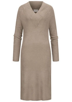VILA Damen NOOS Midi V-Neck Strickkleid Schlitze Seitlich Gerippte Säume Fungi Braun