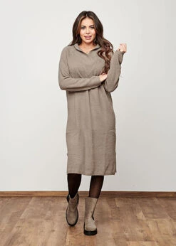 VILA Damen NOOS Midi V-Neck Strickkleid Schlitze Seitlich Gerippte Säume Fungi Braun -ModeWelt Verkäufe 21083933 3