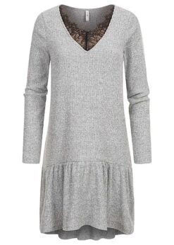 Hailys Damen Strickkleid Kleid Mit Spitzendetails V-Neck Grau