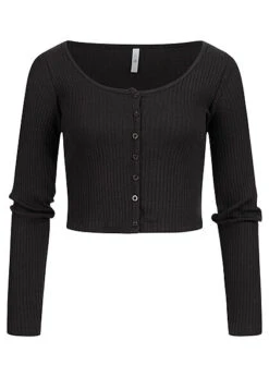 Hailys Damen Langarmshirt Mit Knopfleiste Und Rippoptik Schwarz