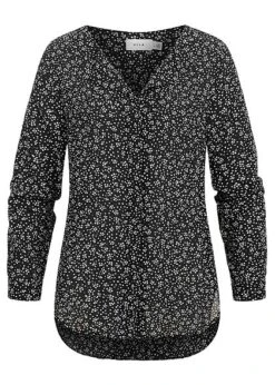 VILA Damen NOOS Langarm Bluse V-Neck Knopfleiste Gemustert Schwarz Weiss