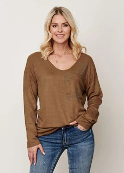Styleboom Fashion Damen Longsleeve Pullover Mit Sternenmuster Strass Braun -ModeWelt Verkäufe 21096715 3
