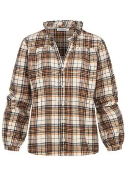 Seventyseven Lifestyle Damen Leichte V-Neck Bluse Karo Muster Rüschen Orange Beige