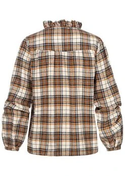 Seventyseven Lifestyle Damen Leichte V-Neck Bluse Karo Muster Rüschen Orange Beige -ModeWelt Verkäufe 21099003 2