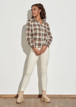 Seventyseven Lifestyle Damen Leichte V-Neck Bluse Karo Muster Rüschen Orange Beige -ModeWelt Verkäufe 21099003 3